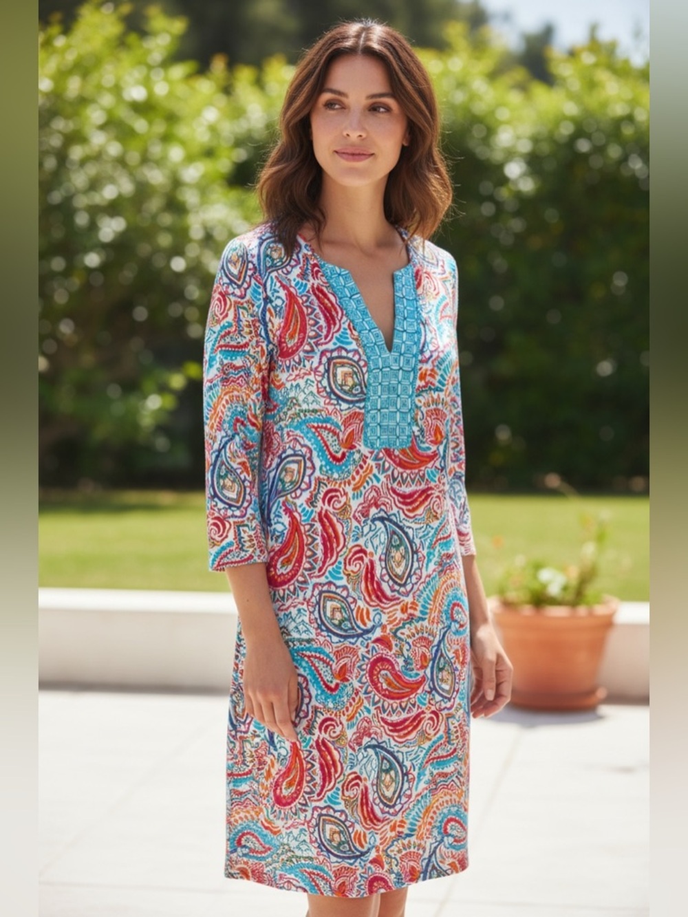 Crown & Ivy Paisley Split Neck Shift Dress Teal Orange Pink Med 3/4‎ Sleeve Boho
